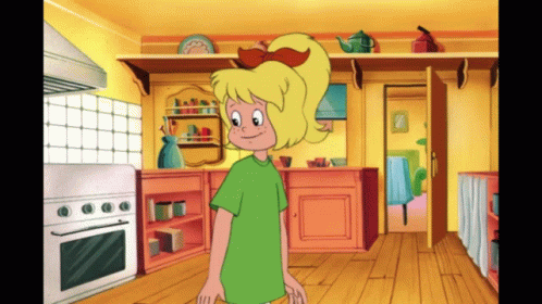 Cartoon Girl Standing In Kitchen GIF