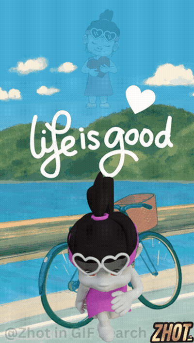 Cartoon Girl Standing Next To Bike Saying Life Is Good GIF