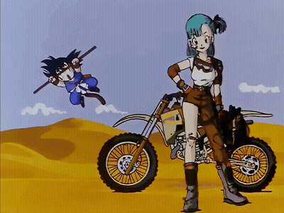 Cartoon Girl Standing Next To Dirt Bike With Goku Flying In Background GIF