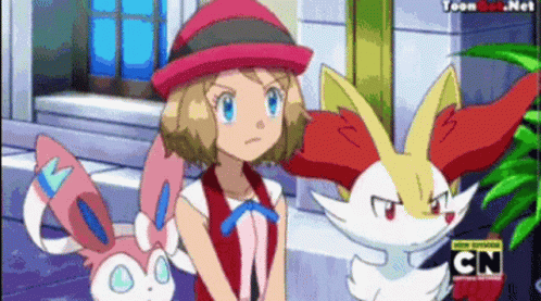 Cartoon Girl Standing Next To Pokemon With CN GIF