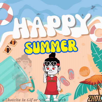 Cartoon Girl Standing On Beach Happy Summer GIF