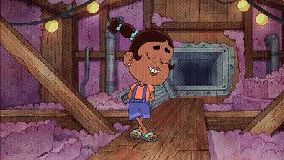 Cartoon Girl Standing On Wooden Floor In Front Of Purple Wall GIF