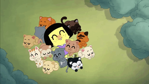 Cartoon Girl Surrounded By Kittens Including Black Cat GIF