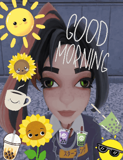 Cartoon Girl Surrounded By Stickers Saying Good Morning GIF