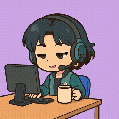 Cartoon Girl Wearing Headphones Waving At Computer GIF