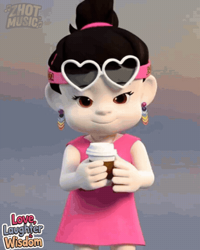 Cartoon Girl Wearing Heart Sunglasses Holding Coffee GIF