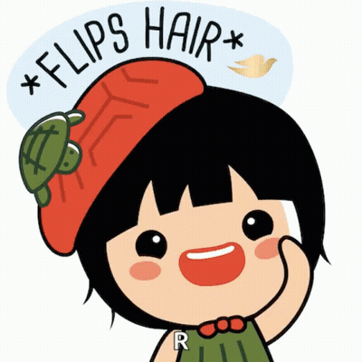 Cartoon Girl Wearing Red Hat With Turtle Saying Flips Hair GIF