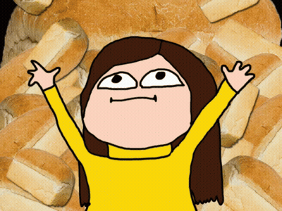 Cartoon Girl With Arms Up In Front Of Bread GIF