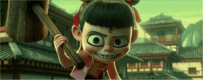 Cartoon Girl With Big Eyes Holding Wooden Hammer
