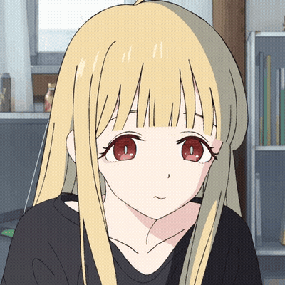 Cartoon Girl With Blonde Hair And Red Eyes In Black Shirt GIF
