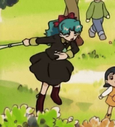 Cartoon Girl With Blue Hair And Black Dress Holding Stick GIF