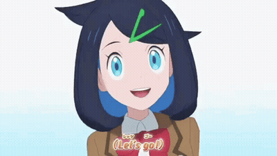 Cartoon Girl With Blue Hair And Green V Smiling Saying Let's Go GIF