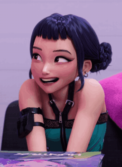 Cartoon Girl With Blue Hair Smiling And Earrings GIF