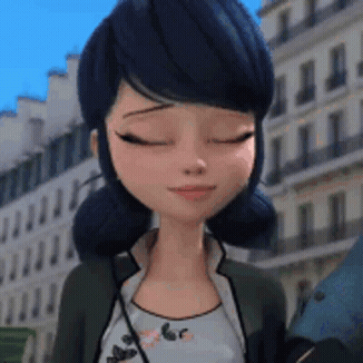 Cartoon Girl With Blue Hair Standing in Front of Building