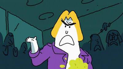 Cartoon Girl With Blue Hair Standing In Front Of Building GIF