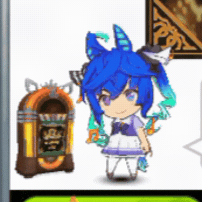 Cartoon Girl With Blue Hair Standing Next To Jukebox GIF
