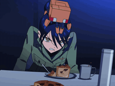 Cartoon Girl With Box On Head Looking At Cake GIF