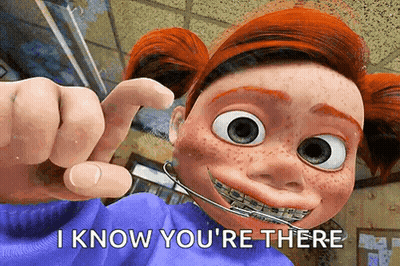 Cartoon Girl With Braces Pointing Saying I Know You're There GIF