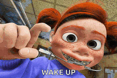 Cartoon Girl With Braces Pointing Wake Up GIF