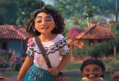 Cartoon Girl With Curly Hair And Glasses Standing In Front Of House GIF