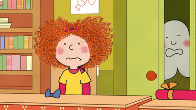 Cartoon Girl With Curly Red Hair And Ghost Behind Her GIF