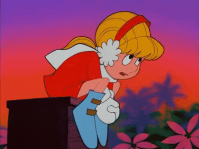 Cartoon Girl With Flower In Ear Sitting On Box GIF
