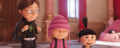 Cartoon Girl With Glasses and Backpack Next to Two Girls