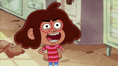 Cartoon Girl With Glasses And Big Teeth Hands On Hips GIF