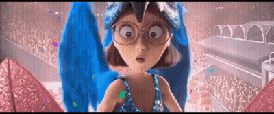 Niña de caricatura con gafas y alas azules frente a una multitud GIF