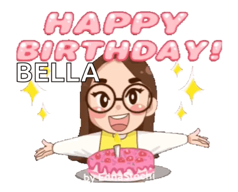 Cartoon Girl With Glasses Holding Cake Saying Happy Birthday Bella GIF