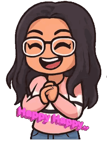 Cartoon Girl With Glasses Saying Happy Happy Sticker