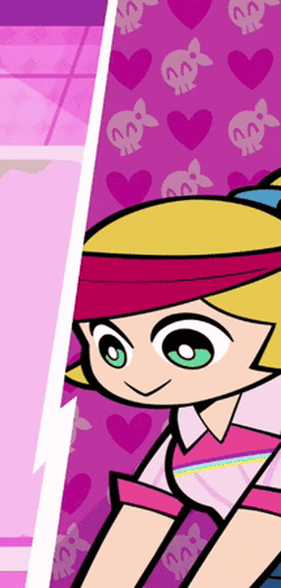 Cartoon Girl With Green Eyes Skulls And Hearts Background GIF