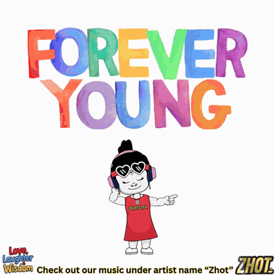 Cartoon Girl With Headphones in Front of Forever Young Sign