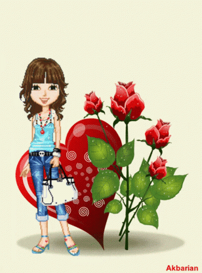 Cartoon Girl With Heart And Roses Akbarian GIF