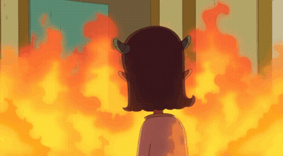 Cartoon Girl With Horns In Front Of Fire GIF