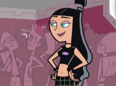 Cartoon Girl With Long Black Hair Hands On Hips Smiling GIF
