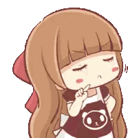 Cartoon Girl With Long Brown Hair And Bear Shirt Sticker