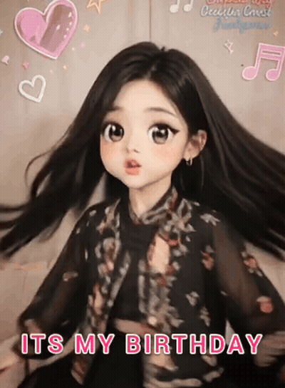 Cartoon Girl With Long Hair In Black Dress And Jacket Saying It's My Birthday GIF