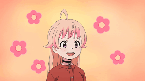 Cartoon Girl With Pink Hair And Pink Flowers GIF