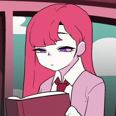 Cartoon Girl With Pink Hair And Purple Eyes Reading Book GIF