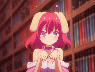 Cartoon Girl With Pink Hair And White Ears In Front Of Bookshelf GIF