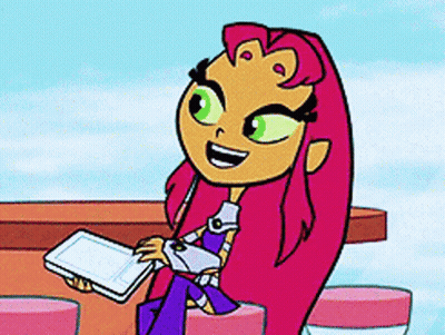 Cartoon Girl With Pink Hair Holding Tablet At Table GIF