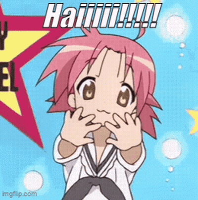 Cartoon Girl With Pink Hair Making Funny Face Saying HAI GIF