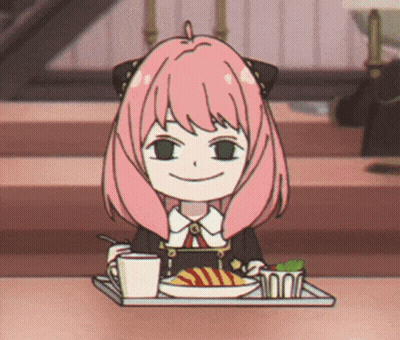 Cartoon Girl With Pink Hair Sitting At Table With Food And Coffee GIF