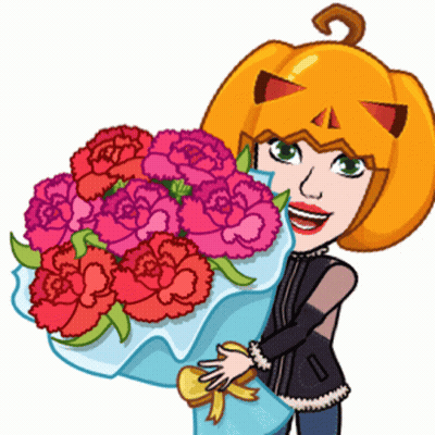 Cartoon Girl With Pumpkin Head Holding Flowers GIF