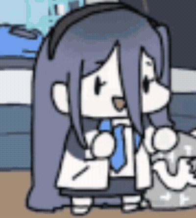 Cartoon Girl With Purple Hair And Blue Tie Sitting On Table GIF
