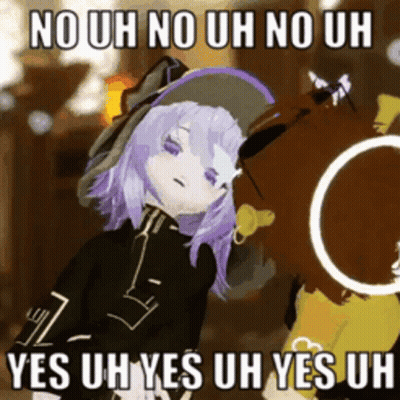 Cartoon Girl With Purple Hair And Hat Standing Next To Cat Saying No Uh No Uh No Uh GIF