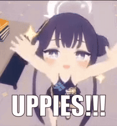 Cartoon Girl With Purple Hair Arms Outstretched Saying Uppies GIF
