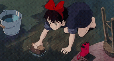 Cartoon Girl With Red Bow Cleaning Floor GIF