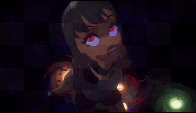 Cartoon Girl With Red Eyes In Dark Room With Light Behind Her GIF
